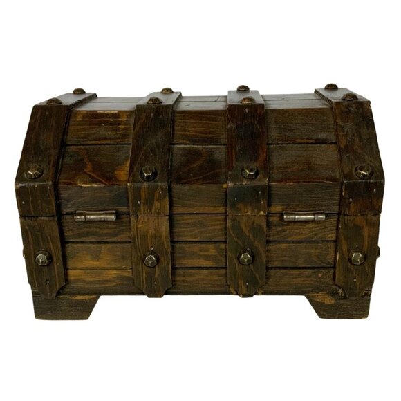 Vintage Wooden Treasure Chest Jewelry Box Hinged Lid Metal Accents Mexico - Picture 3 of 8